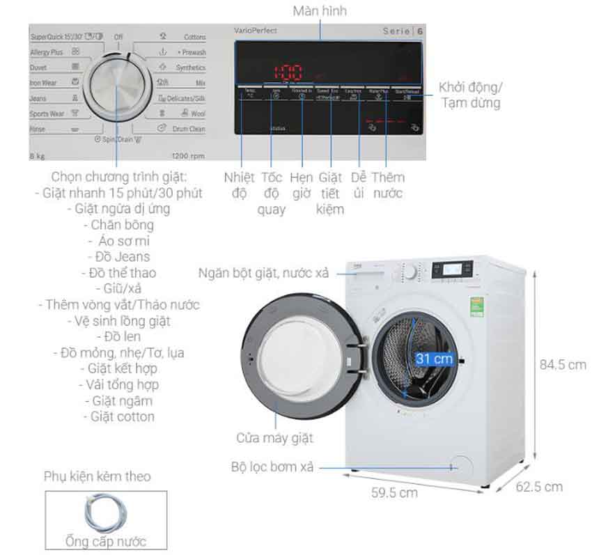 Bản vẽ kỹ thuật Máy giặt Bosch WAT24480SG - Series 6 cao cấp