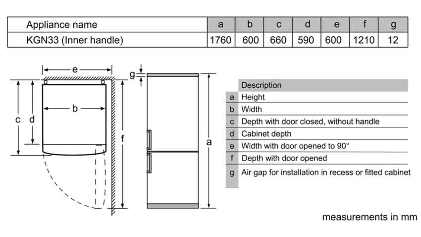 Bản vẽ kỹ thuật Tủ lạnh Bosch KIS87AF3O -  ngăn đá dưới lắp âm tủ