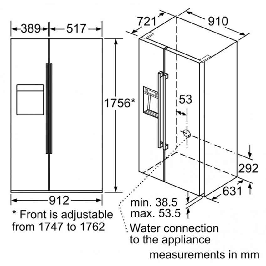 Bản vẽ kỹ thuật Tủ lạnh Bosch KAD92SB30 - side by side dung tích lớn