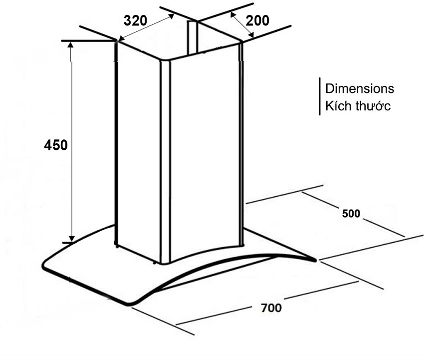 Bản vẽ kỹ thuật Máy hút mùi Dusler DHL 755 - kính cong gắn tường